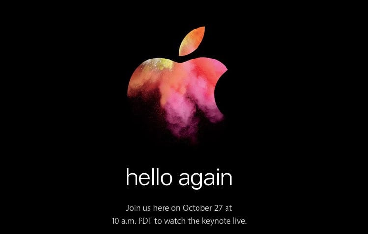 Apple Event-Ankündigung mit buntem Logo und Text 'hello again'