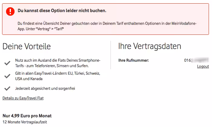 Bei aktuellen Red-Tarifen lässt sich dieses Paket nicht dazu buchen. Hier kommt eine recht wenig aussagende Fehlermeldung.