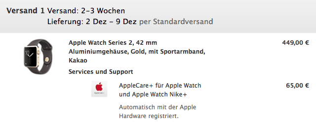 Apple Watch Series 2 Bestellübersicht mit Preis und Versandzeit
