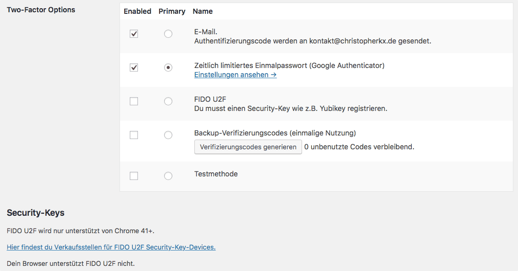 Einstellungen für Zwei-Faktor-Authentifizierung und Sicherheitsschlüssel