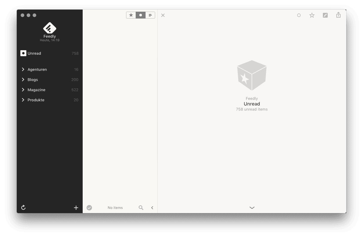 Feedly-Desktopansicht mit ungelesenen Artikeln und Seitenleiste
