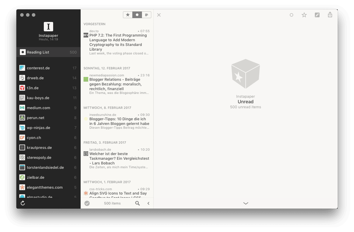 Instapaper-Oberfläche mit Leseliste und ungelesenen Artikeln