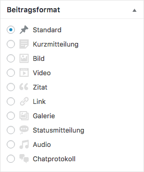 WordPress-Auswahlmenü für Beitragsformat mit verschiedenen Optionen