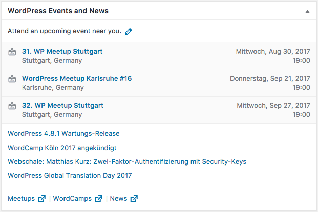 WordPress Dashboard mit Events und News zu Meetups