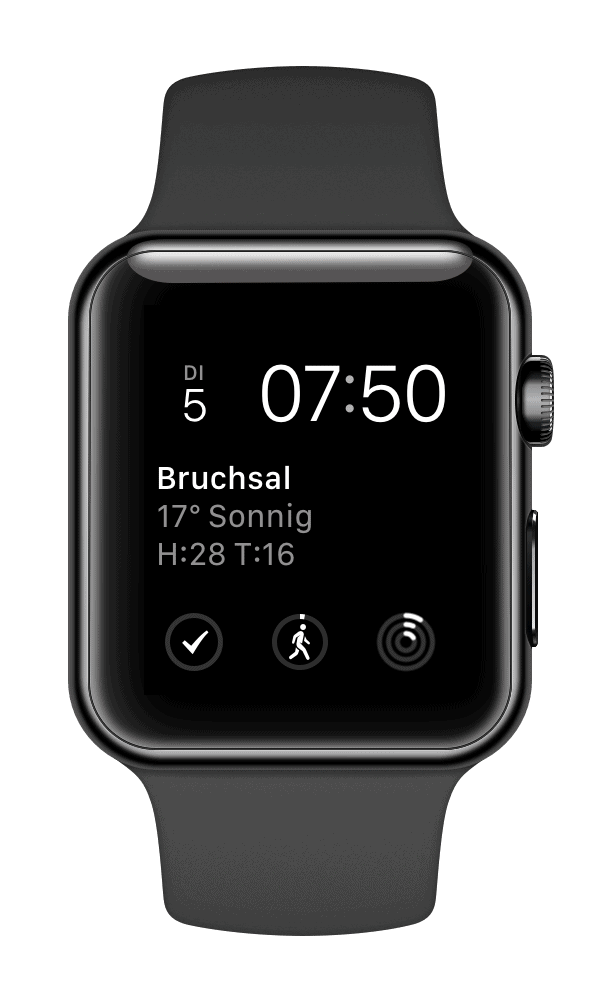 Smartwatch mit Uhrzeit 07:50 und Wetter für Bruchsal