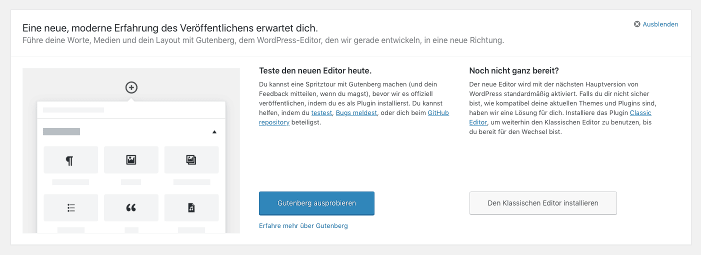 Die teste Gutenberg Auffordung im Dashboard von WordPress 4.9.8