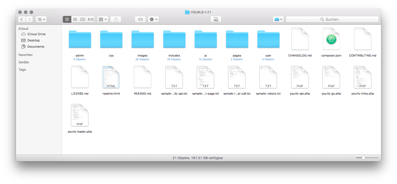 Mac-Finder-Fenster mit YOURLS-Projektordner und Dateien