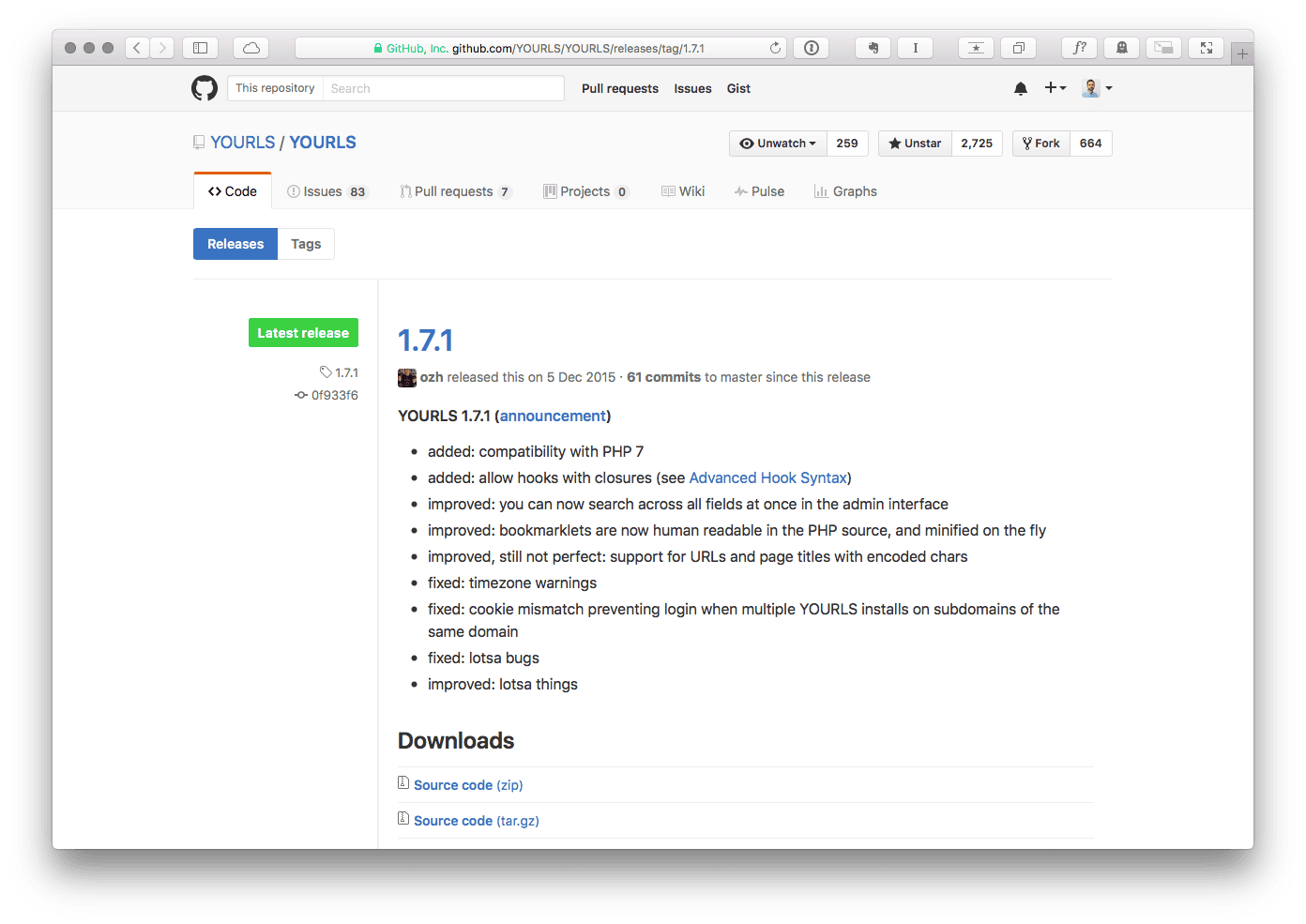 GitHub-Release-Seite des Projekts YOURLS Version 1.7.1