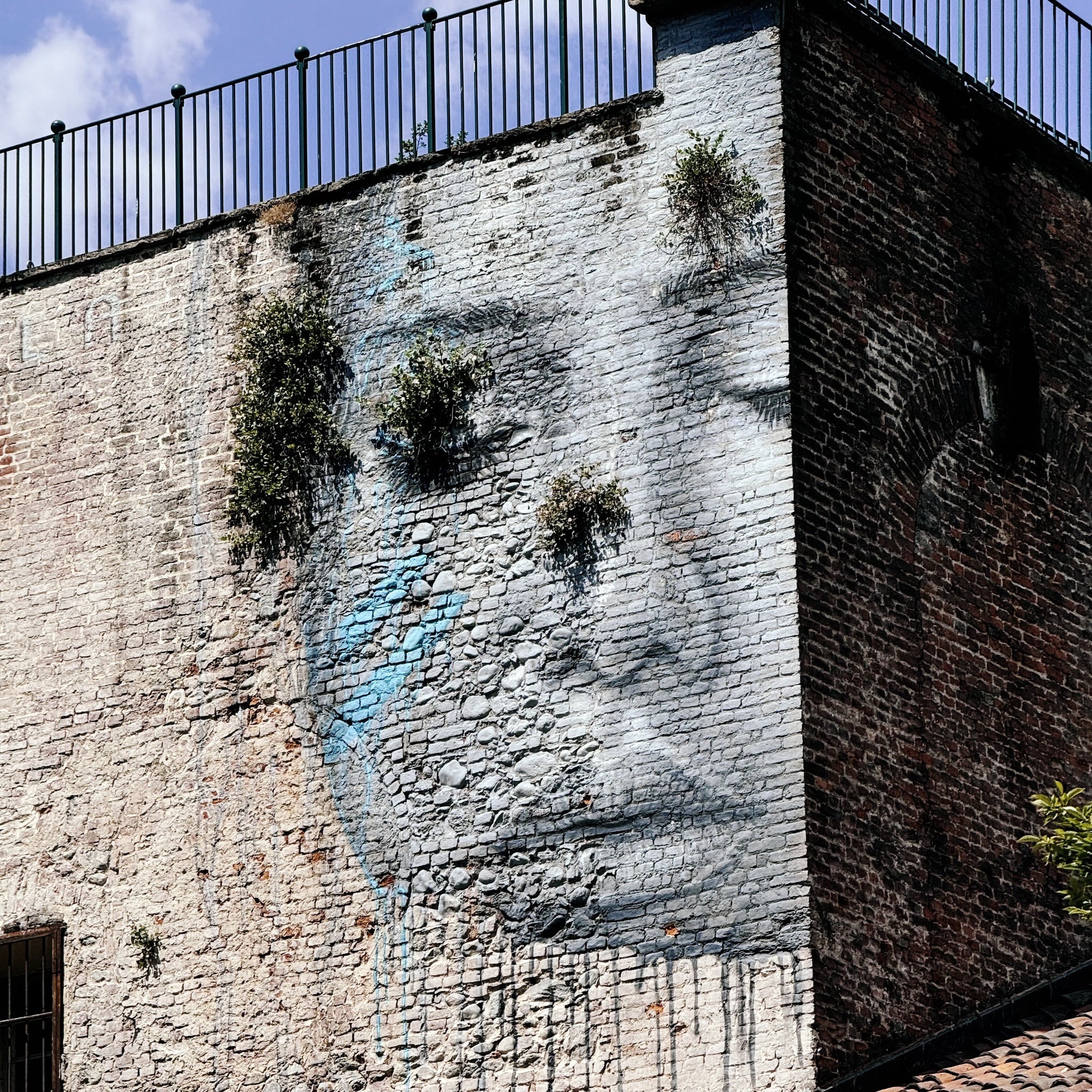 Wceu24 Torino 07 Gesichtsmural Auf Alter Ziegelsteinmauer.