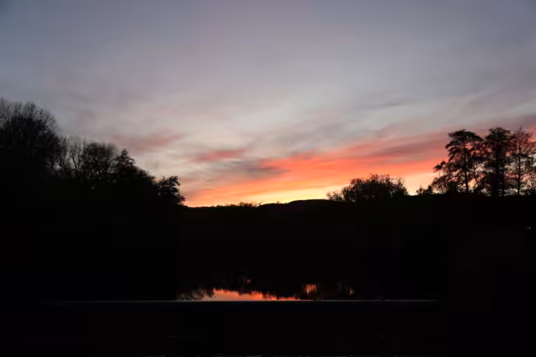 Abenddämmerung über Bäumen und Wasser, rot-oranger Himmel.