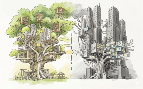 Grüner und technologischer Baum symbolisieren Nachhaltigkeit versus Urbanisierung