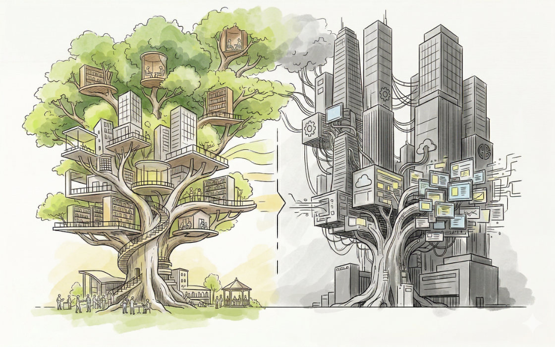 Grüner und technologischer Baum symbolisieren Nachhaltigkeit versus Urbanisierung