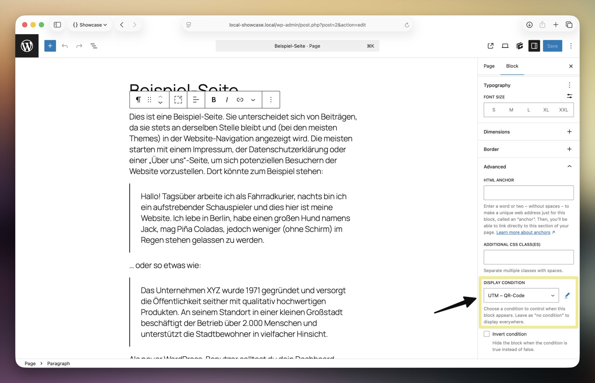 WordPress block editor showing the GenerateBlocks Pro sidebar, where the condition "UTM – QR-Code" is selected under the "Display Condition" settings for a paragraph block.