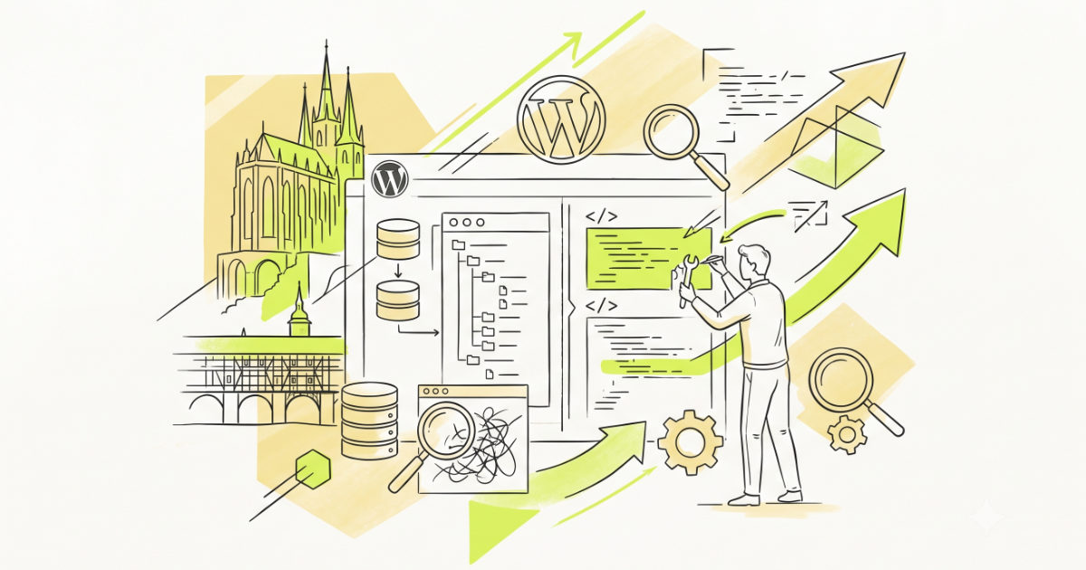 WordPress-Entwickler optimiert Website mit Code und Wachstumspfeilen
