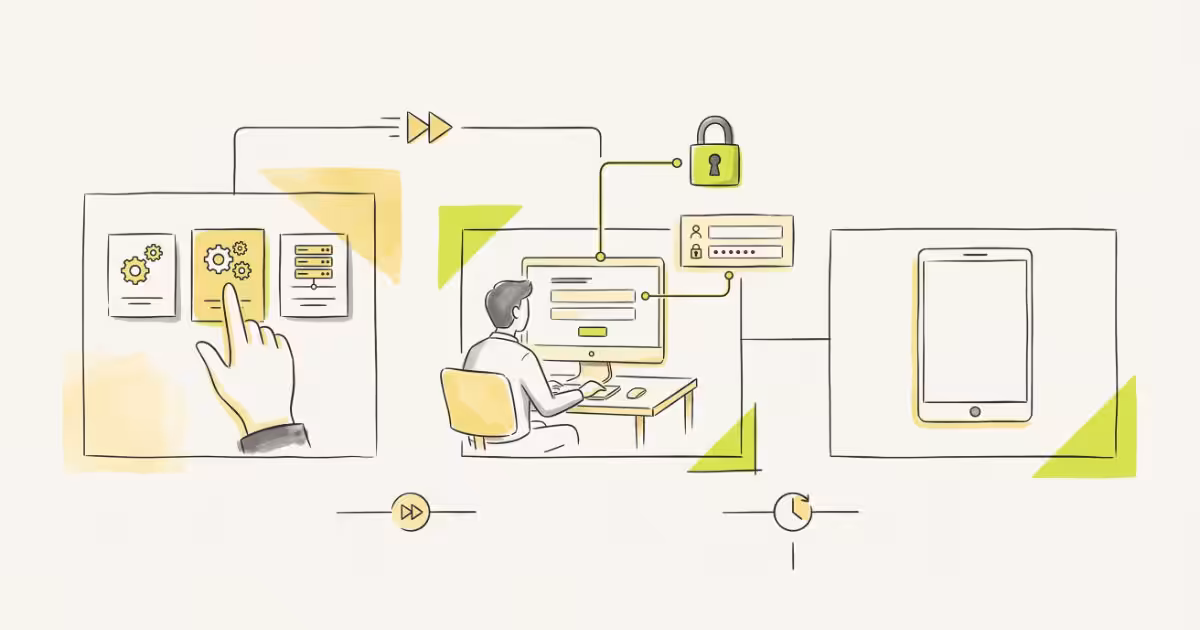 Illustration: Sicherer digitaler Workflow mit Login, Verschlüsselung und Mobilgerät