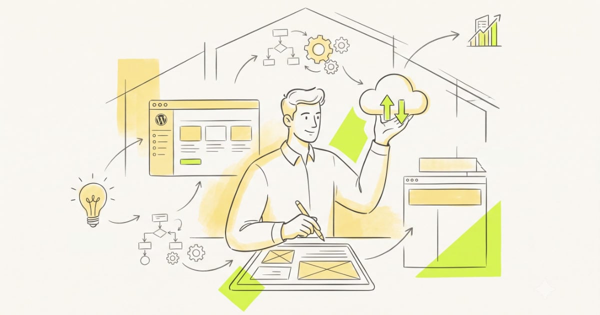 Illustration zur WordPress-Webentwicklung: Freelancer plant digitale Projekte, Workflows, Cloud-Lösungen und Screendesigns.